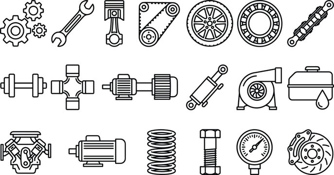 Car Parts and Mechanical Engineering Line Icons Set for Automotive Repair Service and Industrial Technical Design