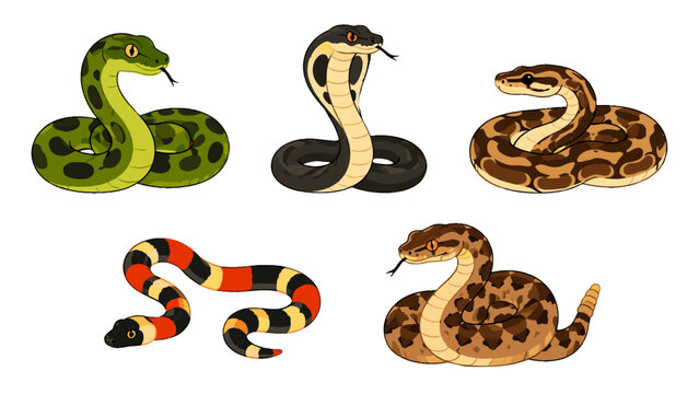 Cartoon snake set with five coiled exotic reptile illustrations