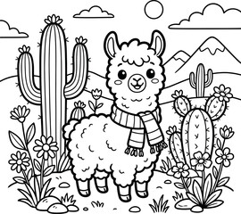 Obraz premium Llama desert scene coloer page vector illustration for kids coloring books and educational materials