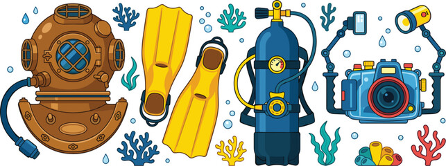 Underwater Scuba Diving Equipment Set Vector Illustration with Vintage Helmet Flippers Oxygen Tank and Submarine Camera Concept Graphic Design © Ruhul