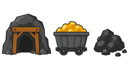 Vector set of mine entrance cart with ore and coal rocks © icon_art