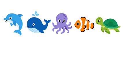 Cute underwater animal cartoon set with dolphin whale octopus fish and turtle © icon_art