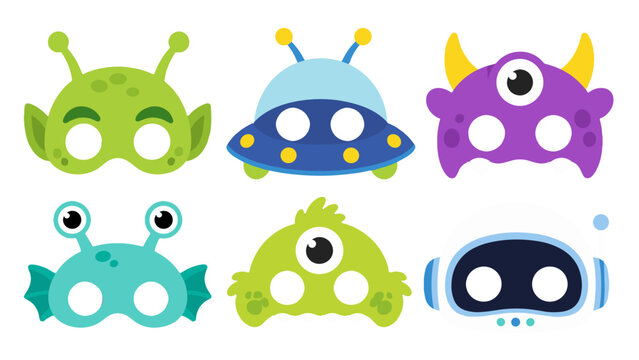 Cute space and monster party masks set in cartoon vector style