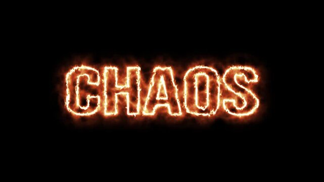 Fiery Chaos Text Burning Brightly Against Black Background. Glowing neon sign with the word chaos.