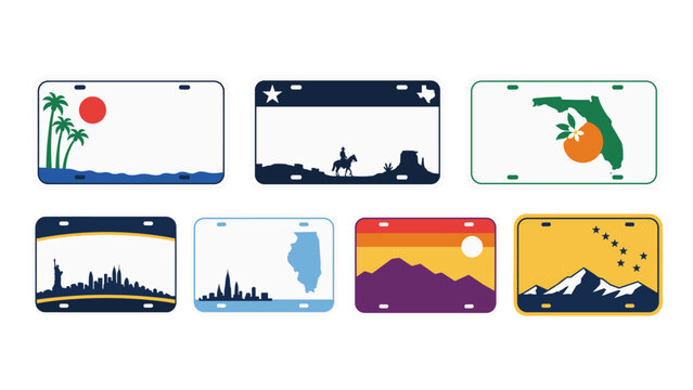 Set of stylized US state vehicle registration plate designs
