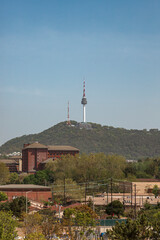 Obraz premium Vertical View of N Seoul Tower Standing on Namsan Mountain over City Buildings and Clear Blue Sky