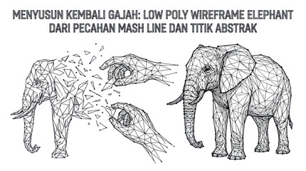 Elephant reassembled from low poly wireframe pieces in abstract pointillism style
