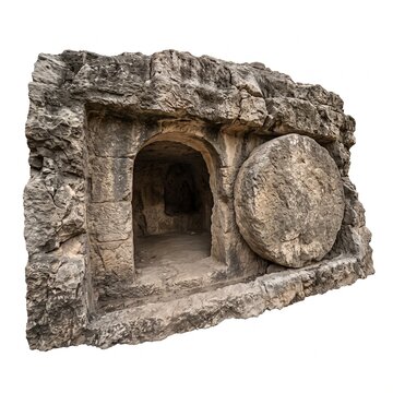 Ancient stone tomb with circular rolling stone door in carved rock wall