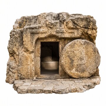 Ancient stone tomb with rolled away boulder and empty burial chamber on white background