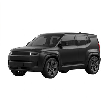 Modern black luxury electric SUV with sleek design and futuristic headlights on white background