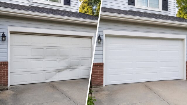 Broken garage door and new sectional replacement in suburb