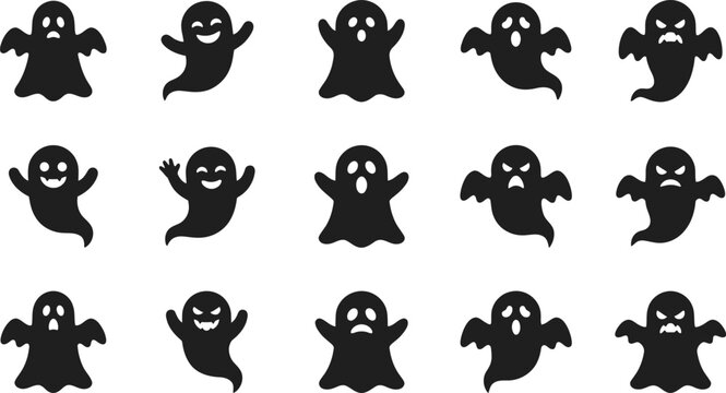 Spooky halloween ghost silhouettes collection diverse expressions for seasonal decorations and graphic design projects