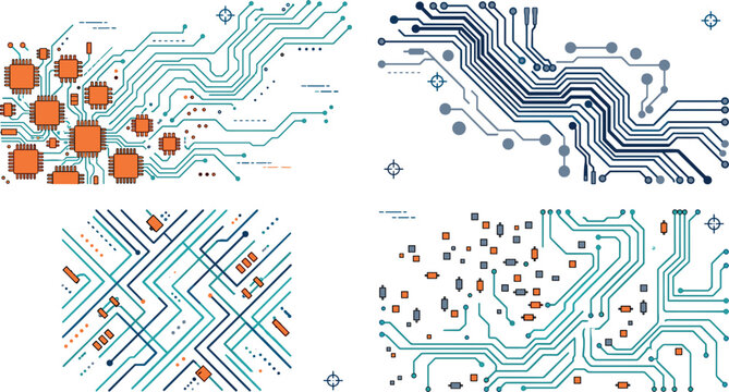 Abstract Electronic Circuit Board Banner Set with Colorful PCB Traces, Orange Microchip Processors, Digital Technology Infrastructure Backgrounds, and High Tech Engineering Vectors