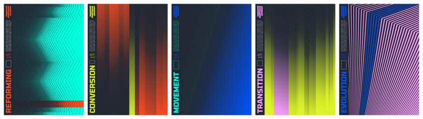 Fototapeta premium Minimalist kinetic halftone artwork visual transformation and dynamic motion ornament with transition effect, Abstract vector poster set with linear gradients and geometric distortion patterns kit 8