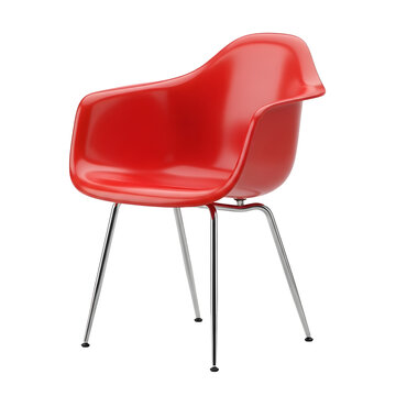 A bold modern red molded plastic armchair with a curved seat shell and four tapered polished chrome legs, isolated on transparent background, 8K ultra-high resolution, 16-bit color depth,