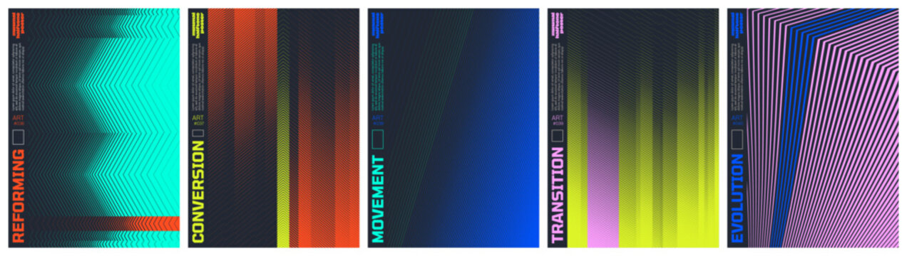 Minimalist kinetic halftone artwork visual transformation and dynamic motion ornament with transition effect, Abstract vector poster set with linear gradients and geometric distortion patterns kit 8