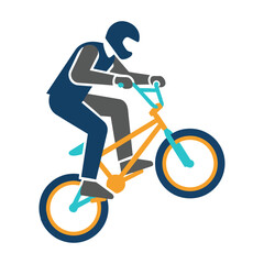 Naklejka premium Stylized silhouette of a BMX rider performing a mid-air tailwhip trick with geometric shapes isolated on white. Action sports concept