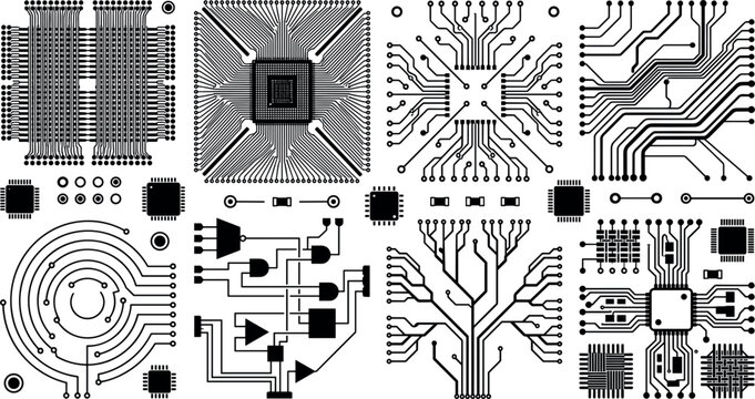 Black and White Electronic Circuit Board Vector Set with Abstract Microchip Hardware Patterns, PCB Traces, Logic Gates, and Computer Engineering Technology Schematics