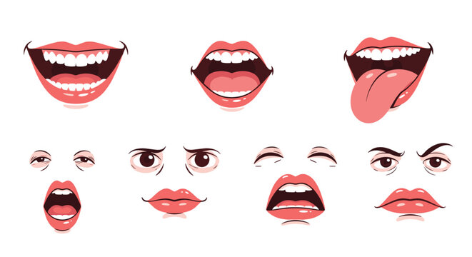 Vector illustration collection of different human mouth expressions, eyes, eyebrows, and smiles representing various human emotions.