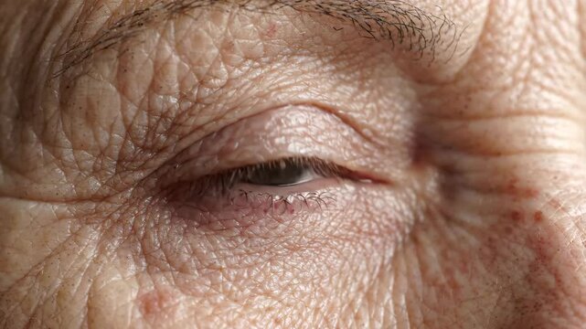 Close up of human eye and eyelid showing detailed wrinkles skin texture aging slow blinking calm reflective expression close up of eye skin wrinkle