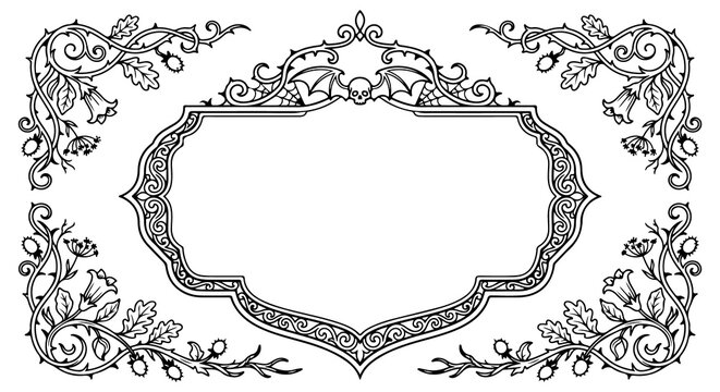 Gothic frame design with skull and bat wings for halloween invitations.