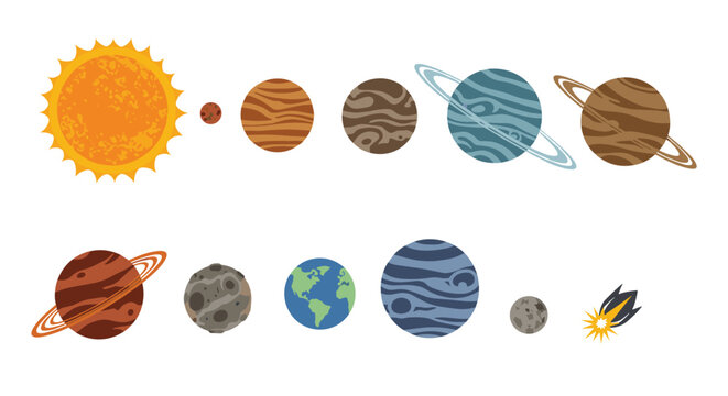 Flat vector illustration of solar system planets including Sun, Earth, Mars, Jupiter, Saturn, Uranus, Neptune, and a comet.