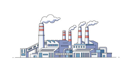 Obraz premium Industrial factory complex with multiple buildings pipelines and tall smokestacks in flat vector style.