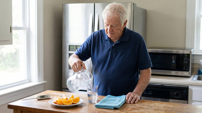 Elderly Man Pouring Cold Water in Kitchen During Summer Heat