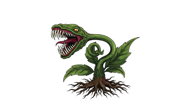 Scary carnivorous monster plant with sharp teeth and roots, wild fantasy venus flytrap cartoon vector illustration.