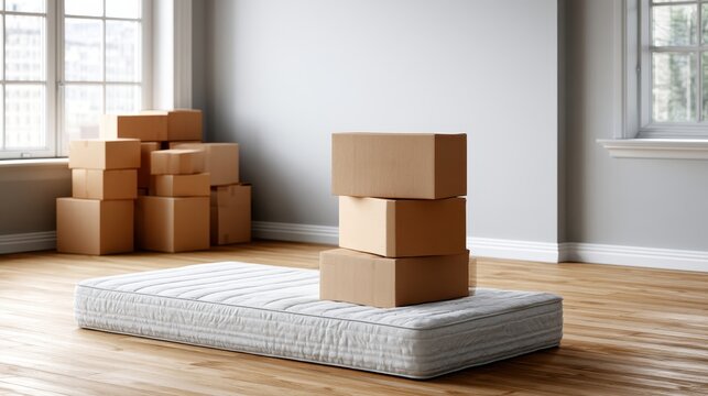 An empty room features a mattress on the floor with packed boxes nearby, presenting a simple and clean living space
