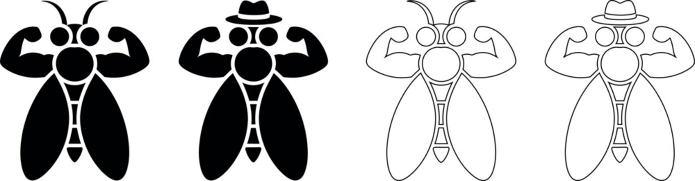 Four flexing fly icons in different styles and hats