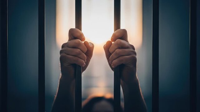 Hands gripping rusty metal bars, visualizing human exploitation, modern slavery, and forced confinement, demonstrating a desperate yearning for freedom.