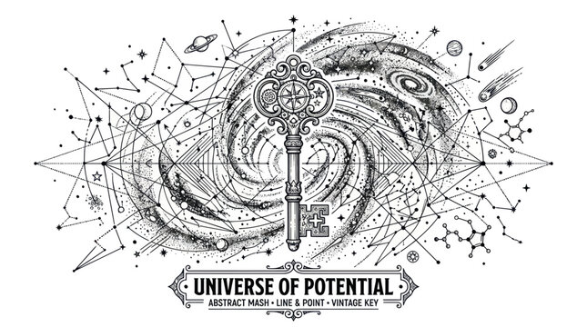 The universe of potential is unlocked with a key in a swirling abstract design