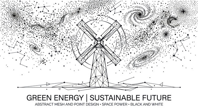 A futuristic illustration of a windmill amidst swirling galaxies and stars, representing a sustainable future with green energy solutions.