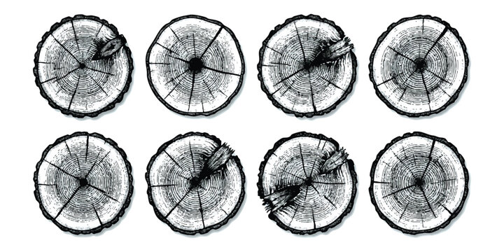 Set of hand drawn wooden tree log cross section rings in vintage sketch style