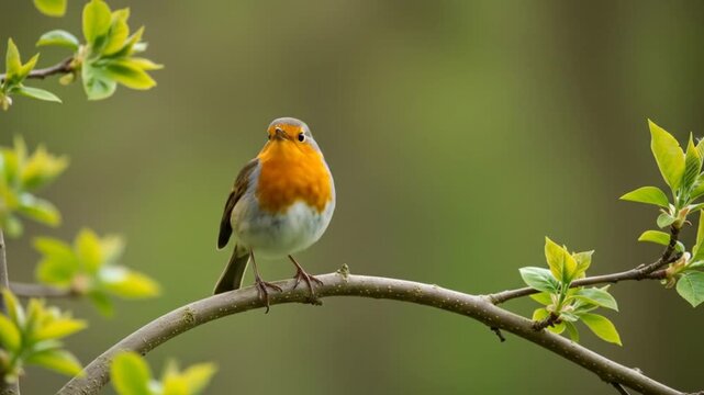 European robin perched on budding tree branch in spring