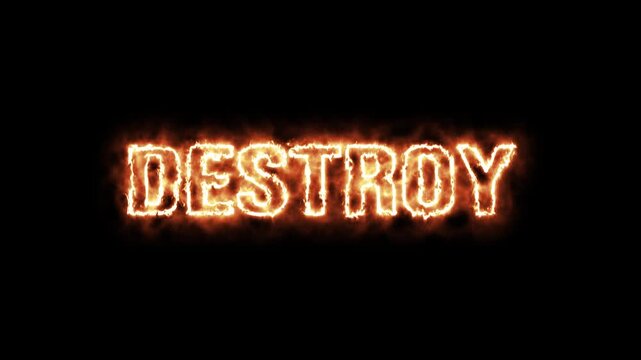 Fiery Destroy Text Burning Brightly Against Black Background. Glowing orange text that says destroy.