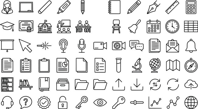 Set of education and school line icons, including academic supplies, classroom tools, and digital learning resources transparent background