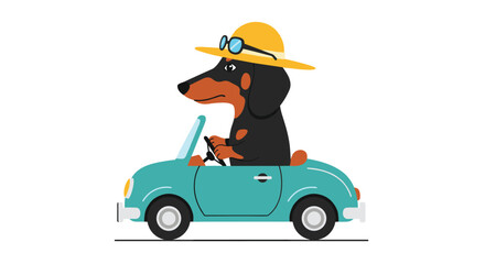 Obraz premium Stylish dachshund dog wearing a yellow hat and sunglasses while driving a small blue vintage car on an exciting road trip adventure.