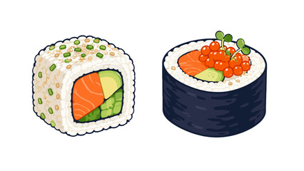 Vector sushi roll icons with salmon avocado and roe © Andrei
