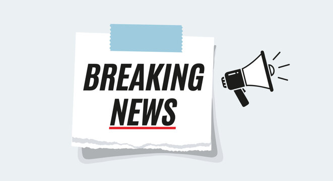 Breaking news announcement written on a white torn paper note with a black megaphone icon for urgent updates and alerts.