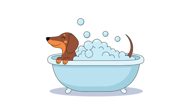 Happy dachshund dog enjoying a warm bubble bath in a blue tub with many soap bubbles floating around in a clean pet care scene.