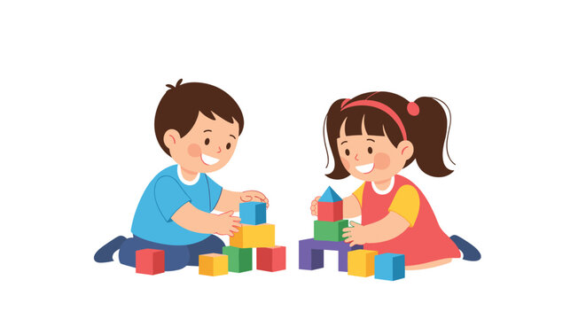 Happy young boy and girl sitting on the floor and building creative towers with colorful wooden blocks in a playroom setting.