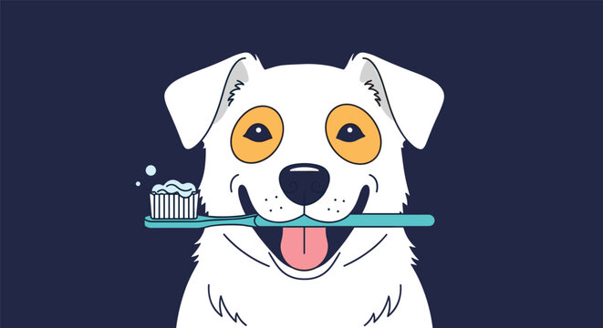 Happy white dog with orange spots around its eyes holding a blue toothbrush with toothpaste in its mouth for dental health awareness.