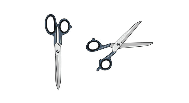 Two pairs of sharp scissors with blue and gray handles, one closed and one open, positioned against a plain white background.