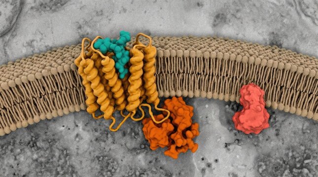 Mu opioid receptor macromolecule embedded within cellular lipid bilayer membrane, demonstrating a fentanyl molecule bound inside the active pocket, triggering intracellular signaling pathway.