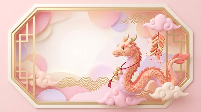 Chinese Lunar New Year zodiac animal pastel 3D illustration with festive oriental decorations and elegant copy space
