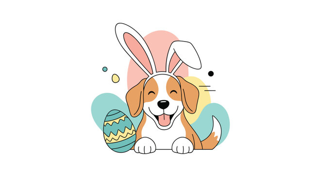 Adorable beagle dog wearing white bunny ears and sitting next to a colorful decorated easter egg on a bright abstract background.