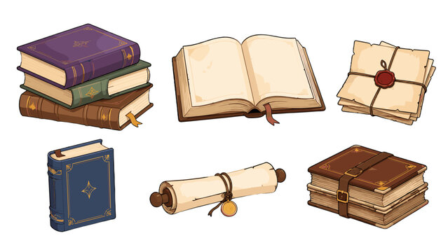 Sketch style icons of old books, manuscripts and scrolls