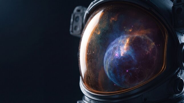 Astronaut helmet close-up reflecting nebulae and planets, space exploration, cosmic wonders in futuristic visor design.